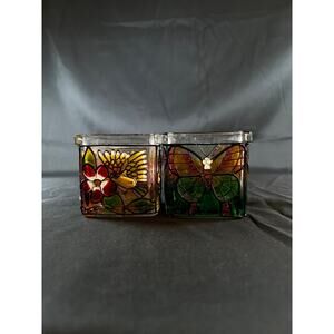 2X BUTTERFLY&FLOWERS HAND PAINTED GLASS CANDLE VOTIVE DECOR SMALL vintage